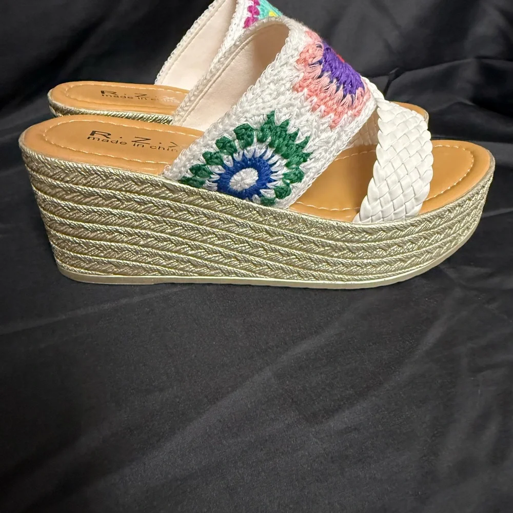 Never worn White Platform Wedge Sandals with Multicolor Crochet Accent - Picture 2 of 4